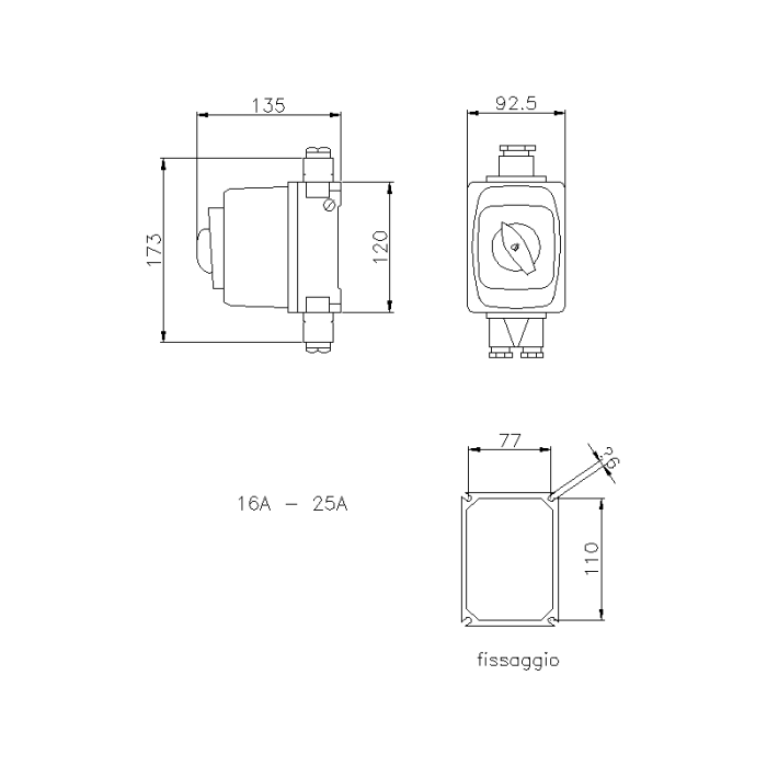CAM-ALUPRES SELECTOR SWITCH IN MARINE GRADE ALUMINIUM FOR WALL MOUNTING 3X16A