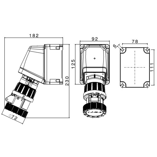 РОТОР 65° КУТОВА НАСТІННА РОЗЕТКА З ПОВОРОТНИМ ВИМИКАЧЕМ 16A 2P+E 230V 6H IP66/67/69