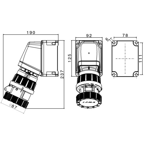 РОТОР 65° КУТОВА НАСТІННА РОЗЕТКА З ПОВОРОТНИМ ВИМИКАЧЕМ 16A 3P+N+E 400V 6H IP66/67/69