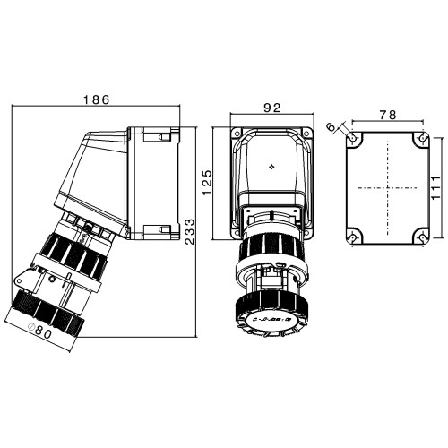РОТОР 65° КУТОВА НАСТІННА РОЗЕТКА З ПОВОРОТНИМ ВИМИКАЧЕМ 16A 3P+E 400V 6H IP66/67/69