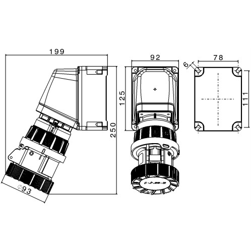 РОТОР 65° КУТОВА НАСТІННА РОЗЕТКА З ПОВОРОТНИМ ВИМИКАЧЕМ 32A 3P+E 400V 6H IP66/67/69