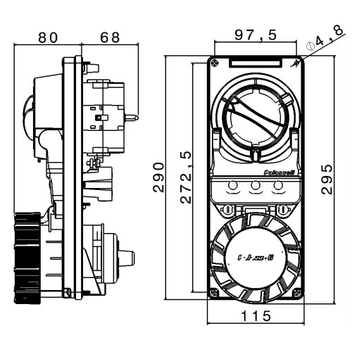 РОЗЕТКА З МЕХАНІЧНИМ БЛОКУВАННЯМ 63A 3P+N+E 100-130V 50-60HZ 4H IP65