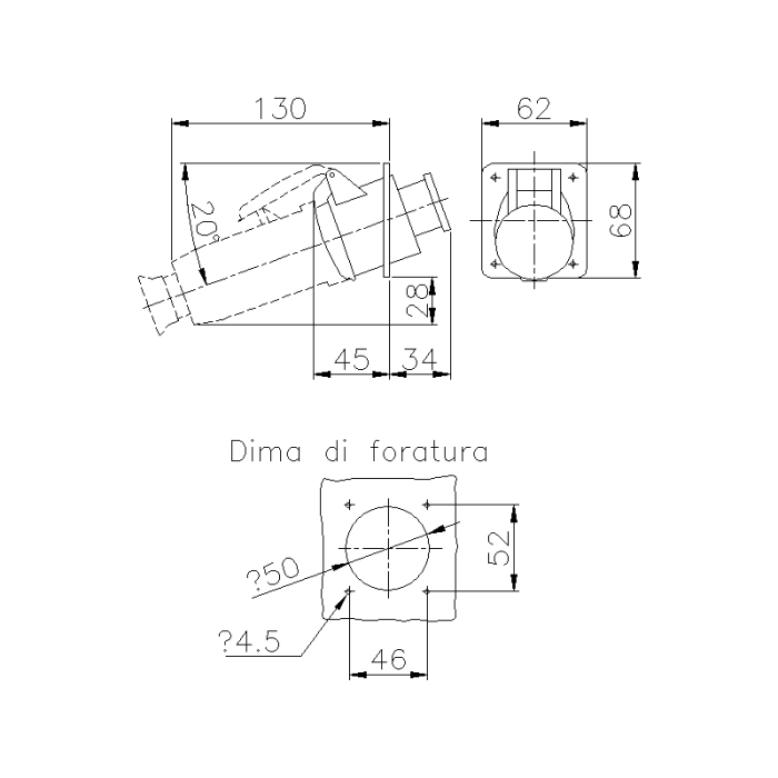 CEE НАДНИЗЬКОВОЛЬТНА ПАНЕЛЬНА РОЗЕТКА, КУТОВА, 20°, 32A 2P 20-25V 50-60HZ IP44