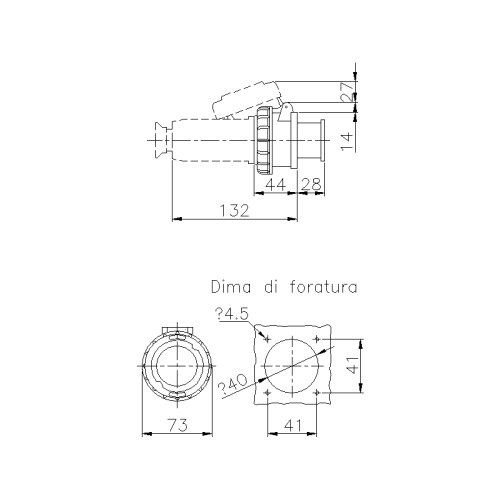 CEE НАДНИЗЬКОВОЛЬТНА ПАНЕЛЬНА РОЗЕТКА, ПРЯМА, 32A 3P 20-25/40-50V 100-200HZ 4H IP67