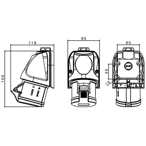 TOPTER WALL MOUNTED SOCKET, 90° ANGLED, 32A 2P+E 100-130V 50-60HZ 4H IP44