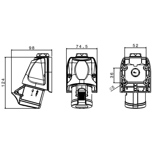 НАСТІННА РОЗЕТКА TOPTER, КУТ 90°, 16A 2P+E 100-130V 50-60HZ 4H IP44