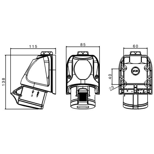 TOPTER WALL MOUNTED SOCKET, 90° ANGLED, 16A 3P+N+E 380-415V 50-60HZ 6H IP44