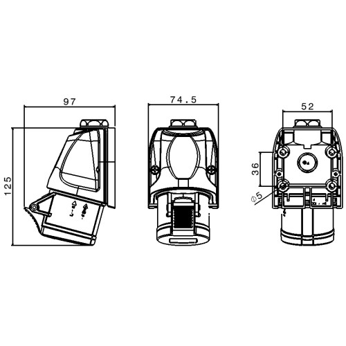 РОЗЕТКА НАСТІННА TOPTER, КУТ 90°, 16A 3P+E 380-415V 50-60HZ 6H IP44