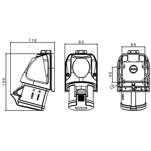 НАСТІННА РОЗЕТКА TOPTER, КУТ 90°, 32A 3P+E 380-415V 50-60HZ 6H IP44