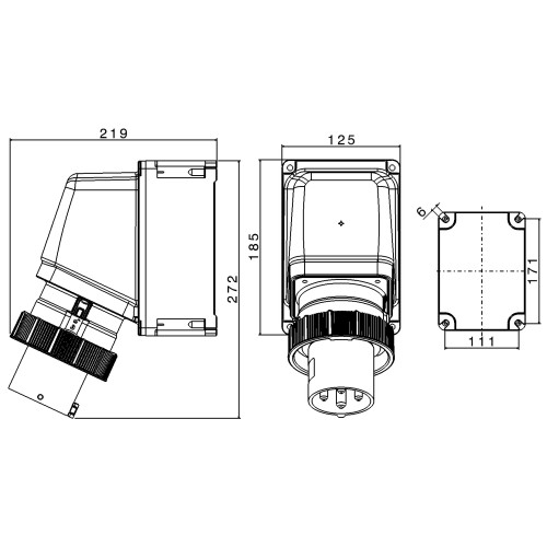 X-CEE 65° КУТОВИЙ НАСТІННИЙ ВВІД 63A 3P+E 400V 6H IP66/67/68/69