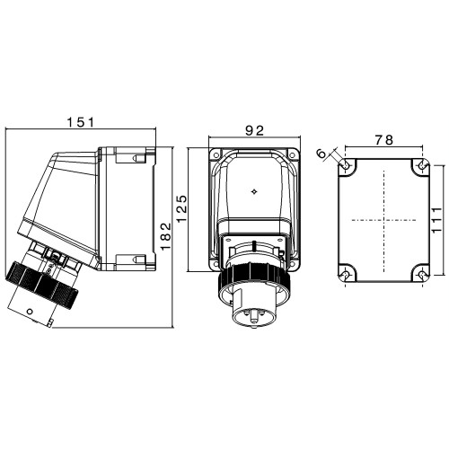 X-CEE 65° КУТОВИЙ НАСТІННИЙ ВВІД 16A 2P+E 230V 6H IP66/67/68/69