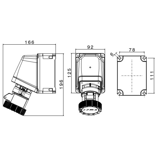 X-CEE 65° КУТОВА НАСТІННА РОЗЕТКА 16A 2P+E 400V 9H IP66/67/68/69