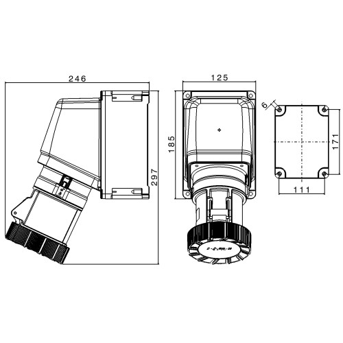 X-CEE 65° КУТОВА НАСТІННА РОЗЕТКА 63A 3P+N+E 230V 9H IP66/67/68/69