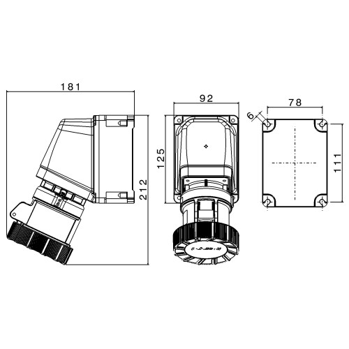 X-CEE 65° КУТОВА НАСТІННА РОЗЕТКА 32A 2P+E 110V 4H IP66/67/68/69