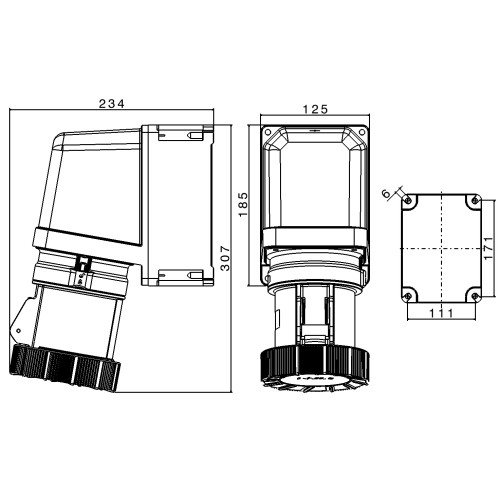 X-CEE 65° КУТОВА НАСТІННА РОЗЕТКА 125A 3P+N+E 230V 9H IP66/67/68/69